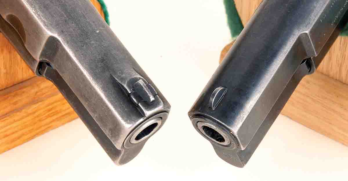 Note the difference in front sight mounting of Inglis and FN Hi-Powers. The Inglis (left) has a dovetailed front sight. The FN (right) has a staked in front sight.